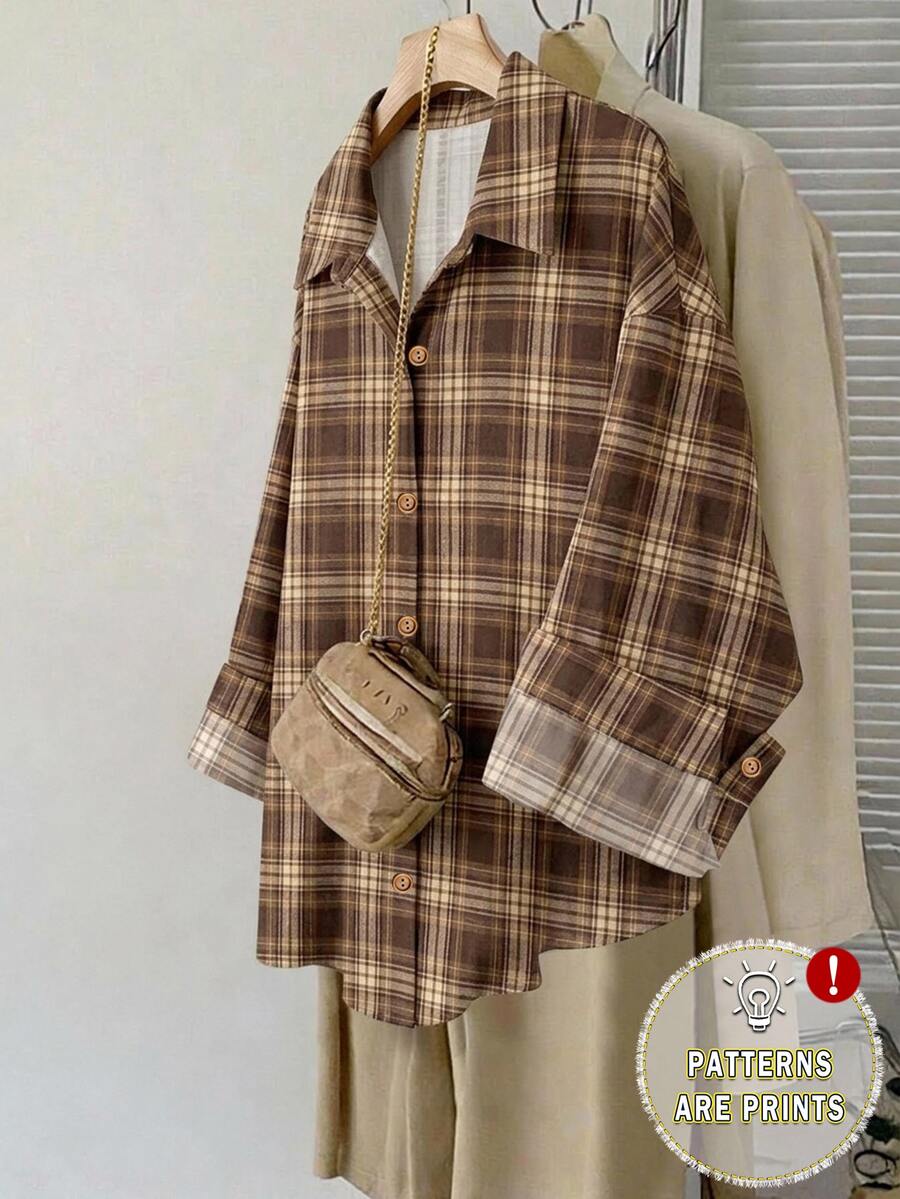 Comfylo Plus Size Women's Casual Plaid Print Long Sleeve Button-Down Collar Shirt, Christmas - Multicolor - View 1