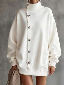 SHEIN Women's New Autumn/Winter White Button Design Loose Elegant Casual Daily Commute Holiday Party Date Gathering Sweatshirt Dress - White - View 3