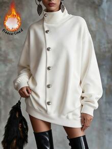 SHEIN Women's New Autumn/Winter White Button Design Loose Elegant Casual Daily Commute Holiday Party Date Gathering Sweatshirt Dress - White - View 4