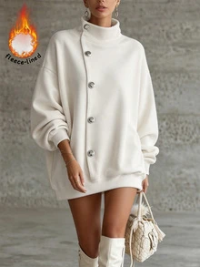 SHEIN Women's New Autumn/Winter White Button Design Loose Elegant Casual Daily Commute Holiday Party Date Gathering Sweatshirt Dress - White - View 6