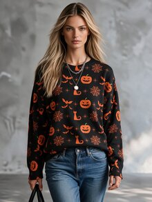 SHEIN Women's Knitted Sweater Halloween Theme Pattern Holiday Everyday Night Dark Orange Autumn Cute Retro Casual - Multicolor - View 10