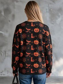 SHEIN Women's Knitted Sweater Halloween Theme Pattern Holiday Everyday Night Dark Orange Autumn Cute Retro Casual - Multicolor - View 9