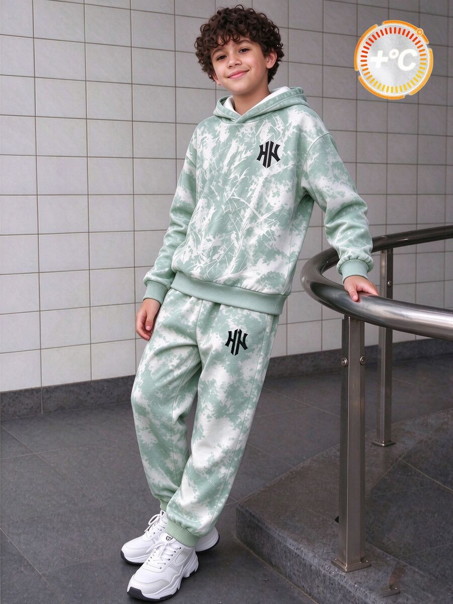 Tween Boys Gradient Denim Effect-Effect Logo‑Print Hoodie & Matching Jogger Pants 2‑Piece Streetwear Outfit - Multicolor - View 1