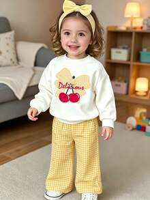 Baby Girls 2 Pcs Cherry & Floral Print Crew Neck Sweatshirt With Yellow & White Plaid Wide Leg Pants, Fall Sets Outfit - Multicolor - View 5
