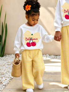 Baby Girls 2 Pcs Cherry & Floral Print Crew Neck Sweatshirt With Yellow & White Plaid Wide Leg Pants, Fall Sets Outfit - Multicolor - View 1