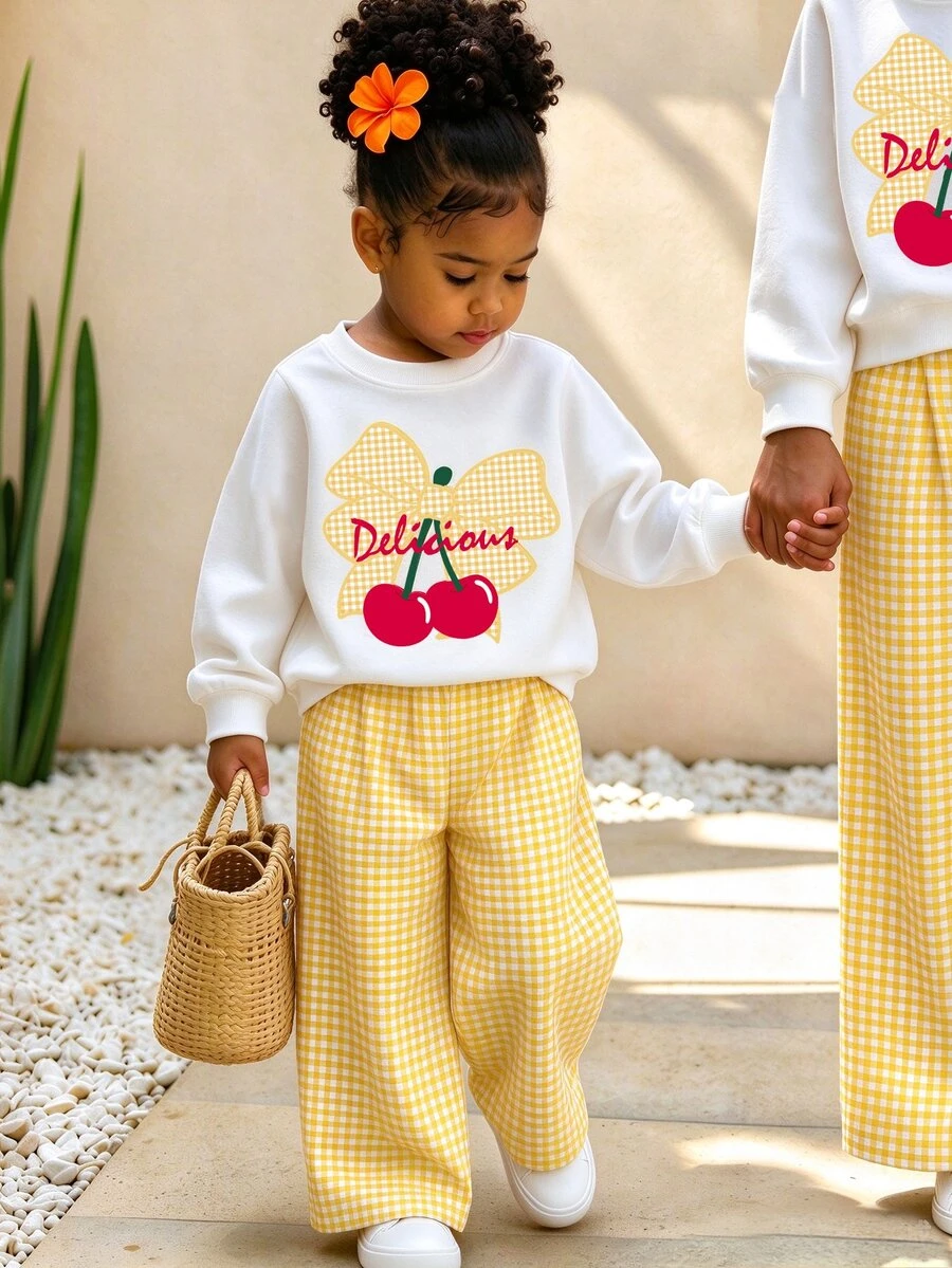 Baby Girls 2 Pcs Cherry & Floral Print Crew Neck Sweatshirt With Yellow & White Plaid Wide Leg Pants, Fall Sets Outfit - Multicolor - View 1