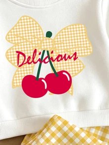 Baby Girls 2 Pcs Cherry & Floral Print Crew Neck Sweatshirt With Yellow & White Plaid Wide Leg Pants, Fall Sets Outfit - Multicolor - View 8
