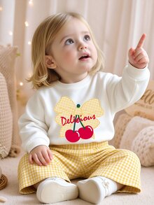 Baby Girls 2 Pcs Cherry & Floral Print Crew Neck Sweatshirt With Yellow & White Plaid Wide Leg Pants, Fall Sets Outfit - Multicolor - View 4