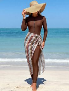 SHEIN Swim Women's 2 Pieces Burkini Set One-Piece Swimsuit + Drawstring Skirt Tropical Floral Print Mature Vacation Full Coverage Spring Summer - Brown - View 7