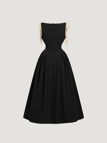 EMERY ROSE New Arrival Waist Cinching A-Line Color Block Bow Tie Midi Dress - Black - View 2