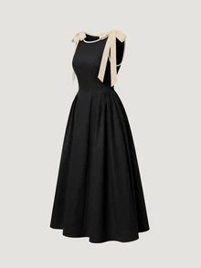 EMERY ROSE New Arrival Waist Cinching A-Line Color Block Bow Tie Midi Dress - Black - View 7