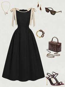 EMERY ROSE New Arrival Waist Cinching A-Line Color Block Bow Tie Midi Dress - Black - View 6