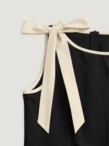 EMERY ROSE New Arrival Waist Cinching A-Line Color Block Bow Tie Midi Dress - Black - View 4