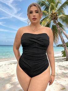 SHEIN Swim Curve 大码女式纯色吊带连体泳衣，休闲度假时尚 - 黑色 - 查看 6