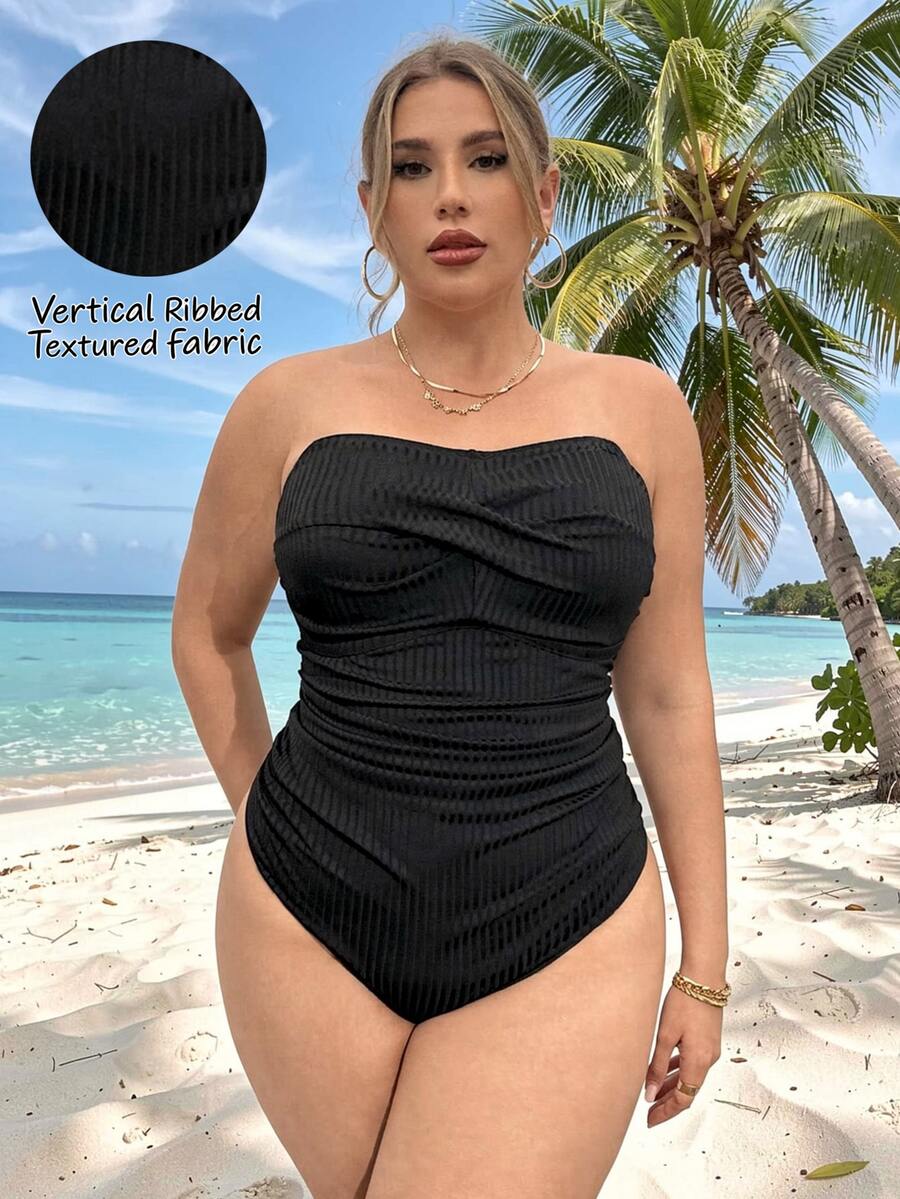 SHEIN Swim Curve 大码女式纯色吊带连体泳衣，休闲度假时尚
