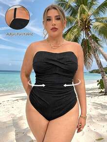 SHEIN Swim Curve 大码女式纯色吊带连体泳衣，休闲度假时尚 - 黑色 - 查看 4