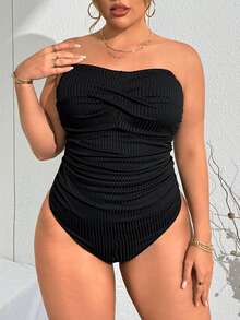 SHEIN Swim Curve 大码女式纯色吊带连体泳衣，休闲度假时尚 - 黑色 - 查看 8