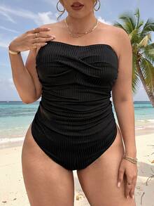 SHEIN Swim Curve 大码女式纯色吊带连体泳衣，休闲度假时尚 - 黑色 - 查看 5