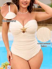 SHEIN Swim Plus Size Women 1-Piece Gold Accent Elegant Swimsuit - Beige - View 2