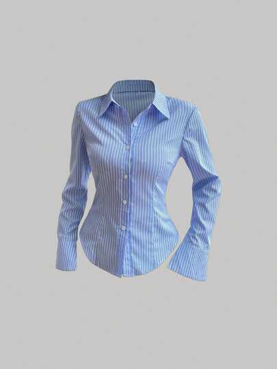 Sweetra Camisa de manga larga con botones, de corte ajustado y estampado de rayas de un solo color