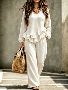 Linhara CURVE Women's Plus Size Casual Round Neck Asymmetrical Ruffle Hem Long Sleeve Shirt And Loose Straight Leg Pants 2-Piece Set, Suitable For Outings And Daily Commute - Apricot - View 5