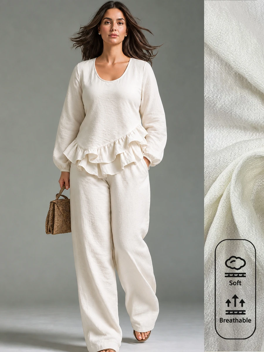 Linhara CURVE Women's Plus Size Casual Round Neck Asymmetrical Ruffle Hem Long Sleeve Shirt And Loose Straight Leg Pants 2-Piece Set, Suitable For Outings And Daily Commute - Apricot - View 1