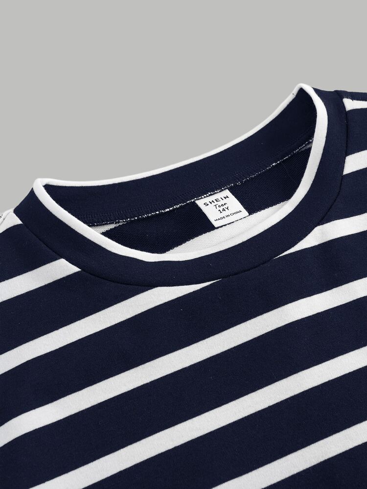 SHEIN Teenager T-shirt för tjejer, ny 2 i 1, marinblå med patchwork och ränder, rund hals, lös modell, lång ärm, för vår, höst och vinter, casual, back to school - Marinblå - Visa 7