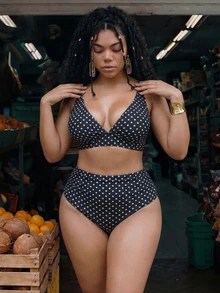 SHEIN Swim 2026 New Summer Plus Size Women 2 Pieces Random Print High Waist Triangle Bikini Ruched Casual Sexy Swimwear Set Beach Vacation - Black and White - View 2