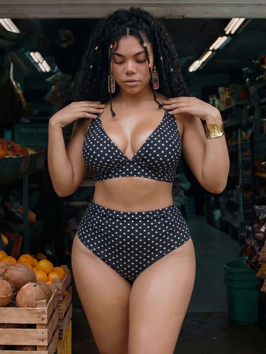 SHEIN Swim 2026 New Summer Plus Size Women 2 Pieces Random Print High Waist Triangle Bikini Ruched Casual Sexy Swimwear Set Beach Vacation