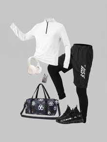 SHEIN Kids Tween Boy Bright Color Stand Collar Half-Zip Long Sleeve Pants Comfortable Sportswear - Black and White - View 1