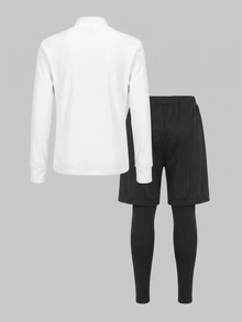 SHEIN Kids Tween Boy Bright Color Stand Collar Half-Zip Long Sleeve Pants Comfortable Sportswear - Black and White - View 2