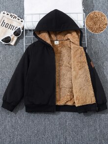 SHEIN 兒童青少年男孩休閒運動學院風抓絨內裡寬鬆黑色連帽夾克，休閒學院字母貼布圖案黑色連帽夾克，適合秋冬、學校、戶外穿著，四季皆宜 - 黑色 - 查看 2
