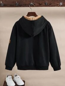 SHEIN 兒童青少年男孩休閒運動學院風抓絨內裡寬鬆黑色連帽夾克，休閒學院字母貼布圖案黑色連帽夾克，適合秋冬、學校、戶外穿著，四季皆宜 - 黑色 - 查看 3
