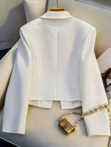 GlowEve CURVE Plus Size Women's White Lapel Double-Breasted Button Short Blazer, Elegant Business Casual Stylish Fall Commute Work Office Semi Formal Date Party - White - View 2