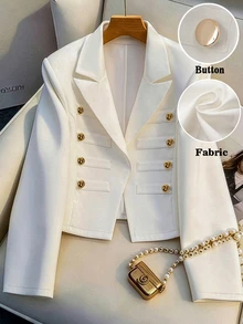 GlowEve CURVE Plus Size Women's White Lapel Double-Breasted Button Short Blazer, Elegant Business Casual Stylish Fall Commute Work Office Semi Formal Date Party - White - View 1