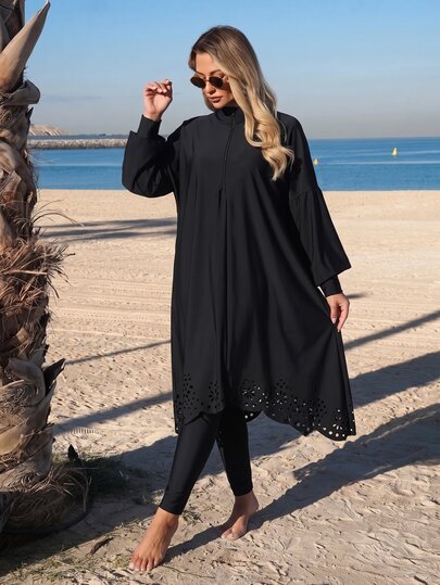 SHEIN Swim بوركيني نسائي بقصة ليزر بوهيمي فضفاض تغطية كاملة محتشم أنيق نصف سحاب علوي ملابس سباحة ربيع صيف مسلم