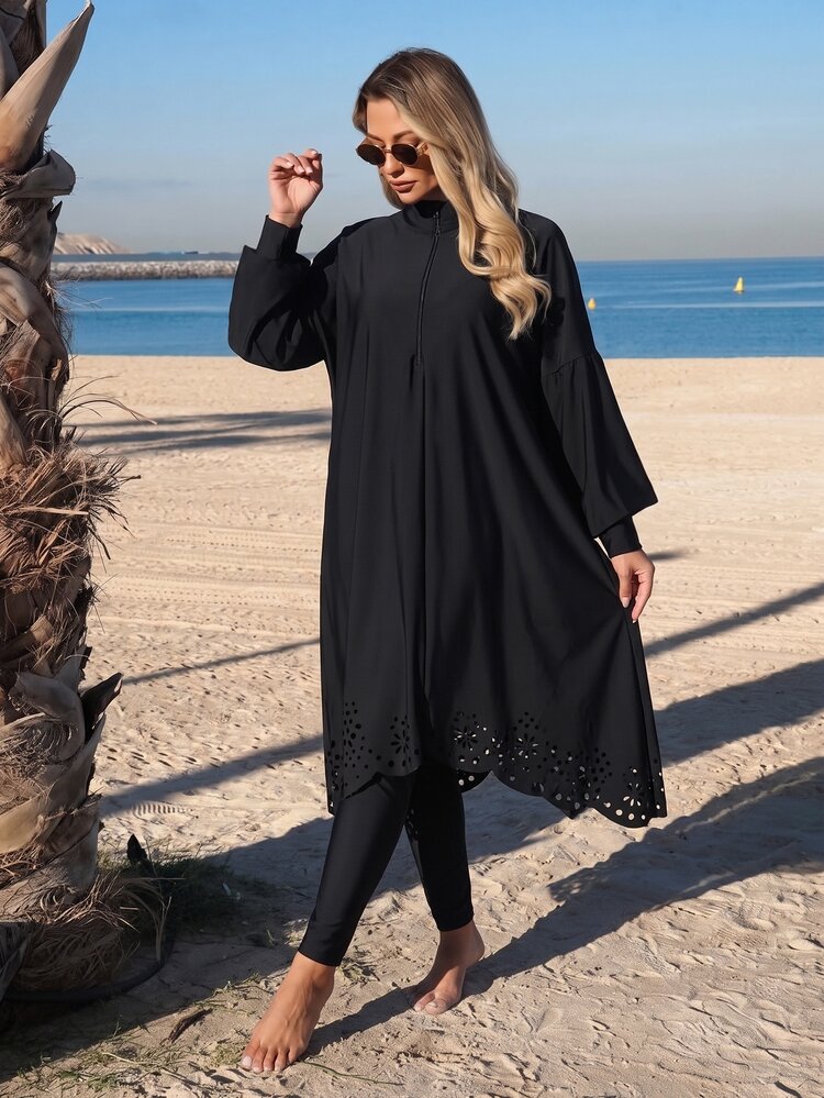SHEIN Swim Women's Burkini Laser Cutout Bohemian Loose Full Coverage Modest Elegant Half-Zip Pullover Swimsuit Spring Summer Muslim - Black - View 1