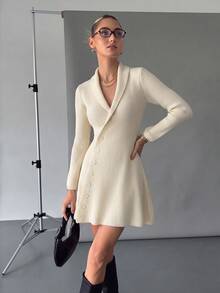 RosyDaze Elegant Women Fall Winter Solid Ribbed Knit Mini Dress, Elegant V-Neck Long Sleeve Button Front Slim Fit Versatile Casual Sweater Dress - Beige - View 1