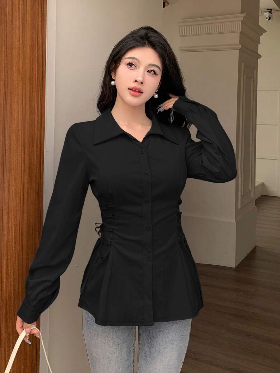 Modelyn 女式纯色长袖单排扣抽绳系腰时尚衬衫