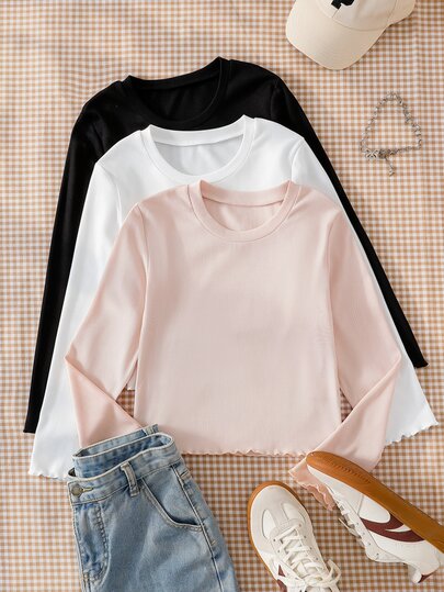 SHEIN Conjunto de 3 piezas de blusas para niñas preadolescentes de otoño – Cuello redondo, manga larga en estilos de lunares, liso y rayas, otoño, vuelta al colegio, punto, casual