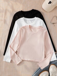 SHEIN 青少年女孩秋季上衣3件套，圓領長袖，波點、純色、條紋款式，返校季針織休閒基礎款，黑色、白色、腮紅粉 - 白色 - 查看 3