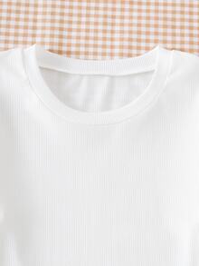 SHEIN 青少年女孩秋季上衣3件套，圓領長袖，波點、純色、條紋款式，返校季針織休閒基礎款，黑色、白色、腮紅粉 - 白色 - 查看 4