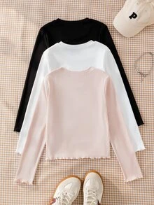 SHEIN 青少年女孩秋季上衣3件套，圓領長袖，波點、純色、條紋款式，返校季針織休閒基礎款，黑色、白色、腮紅粉 - 白色 - 查看 2