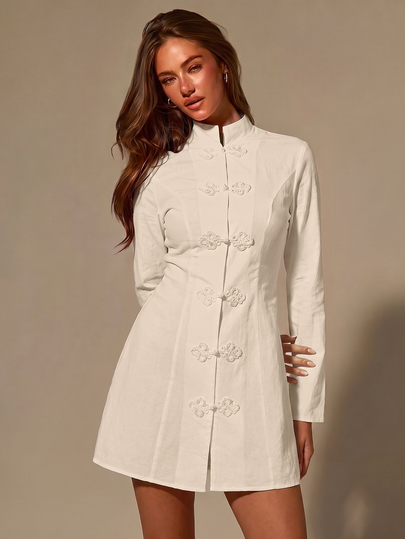 Athîral Women's Slim Fit White Mini Dress,Tonal Embroidery,Mandarin Collar,Frog Closures,Floral,Autumn Modern Heritage,Chinese Chic,White Dress For Women