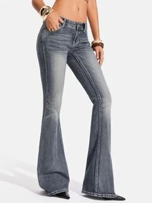 SHEIN Tall Women's Casual Versatile Flare Leg Denim Jeans With Pockets - Blue - View 4