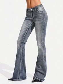 SHEIN Tall Women's Casual Versatile Flare Leg Denim Jeans With Pockets - Blue - View 7