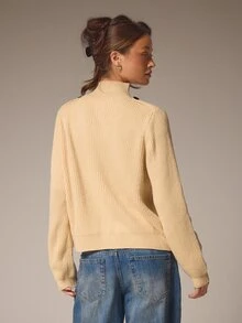 Athîral Women's Loose Beige Ribbed Knit Sweater,Asymmetric Button Front,Stand Collar,Solid,Autumn Winter Modern Casual Minimalist,Office Everyday Brunch,Fall - Yellow - View 6
