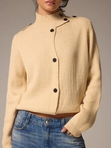 Athîral Women's Loose Beige Ribbed Knit Sweater,Asymmetric Button Front,Stand Collar,Solid,Autumn Winter Modern Casual Minimalist,Office Everyday Brunch,Fall - Yellow - View 2