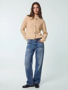 Athîral Women's Loose Beige Ribbed Knit Sweater,Asymmetric Button Front,Stand Collar,Solid,Autumn Winter Modern Casual Minimalist,Office Everyday Brunch,Fall - Yellow - View 7