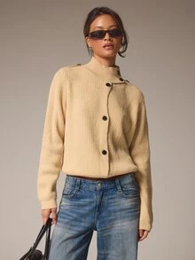 Athîral Women's Loose Beige Ribbed Knit Sweater,Asymmetric Button Front,Stand Collar,Solid,Autumn Winter Modern Casual Minimalist,Office Everyday Brunch,Fall - Yellow - View 1